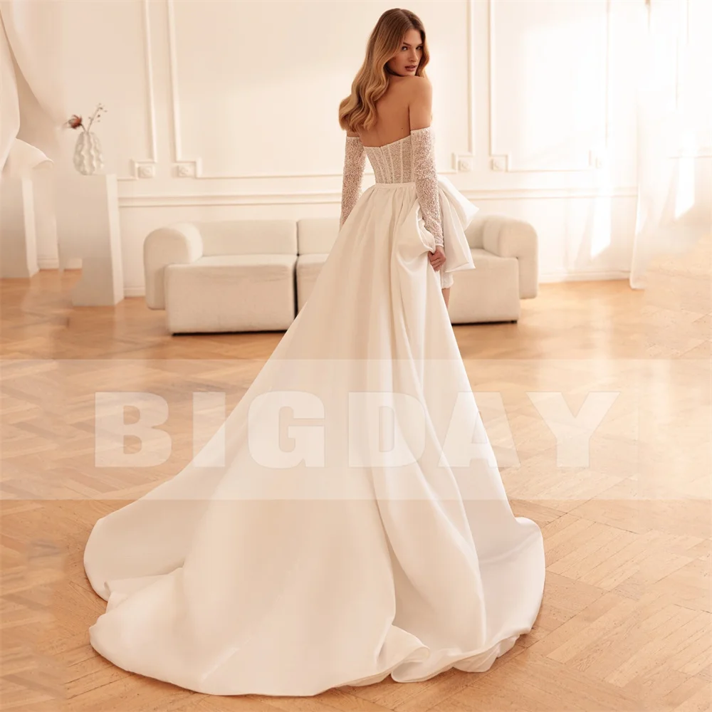 BIGDAY فستان زفاف عالي/منخفض على شكل حرف a دانتيل كم طويل عاري الكتفين رقبة على شكل حرف v مفتوح الظهر فستان زفاف Vestido De Noiva مخصص #2