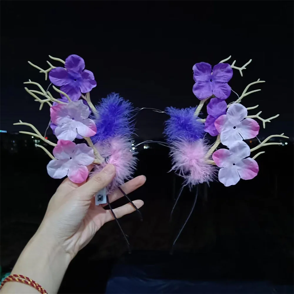 LED Glowing Antlers Headband, Plum Blossom, Feather Elk Hair Acessórios, Decoração de Natal, Party Dress Up Headdress, Novo, 2024