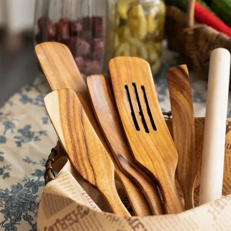 Wooden Spurtle Wooden Spatula Sourdough Pizza Server Long Dinnerware Sets Set Wooden Turner Non-Stick Cooking Utensils Salad