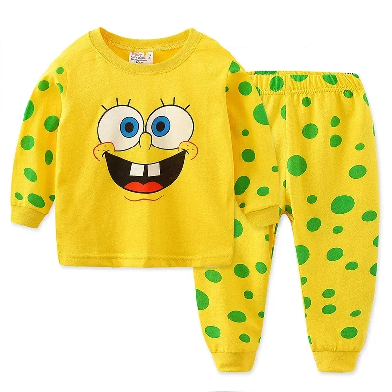 2PCS SpongeBob SquarePants Children\'s Long-sleeved Pajamas Set Boys and Girls Long-sleeved Round Neck Tops Trousers Cotton Suit