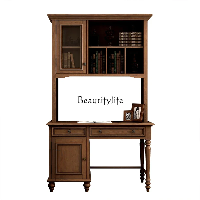 

FGSolid Wood Desk Study Furniture Double Computer Bookcase Integrated