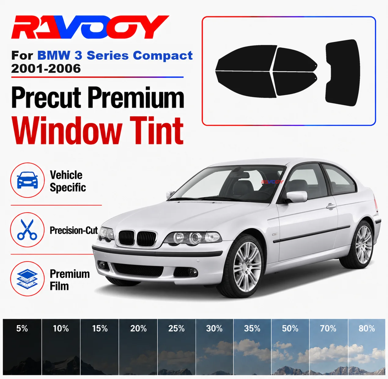 Premium Precut Window Tint Kit Front Rear Windows Rear Windshield For BMW 3 Series Compact 2001-2006 Car Solar Nano Ceramic Film