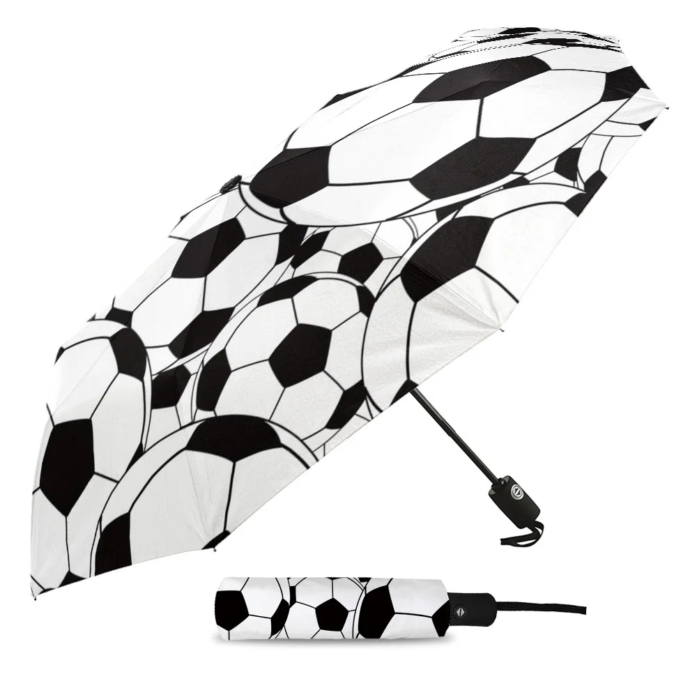 Black And White Football Sphere Pattern Custom Automatic Umbrellas for Women Male Windproof Folding Rain Umbrella Parasol