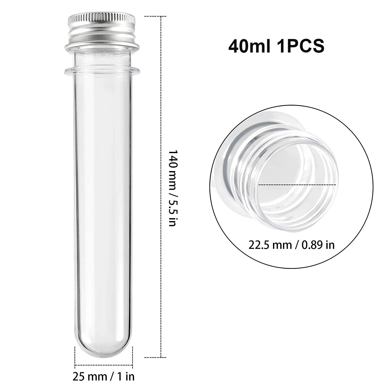 1PCS PET 40ml Transparent Plastic Test Tube Bottle Candy Testontainer Bath Salt Tube with Aluminum Screw Lids