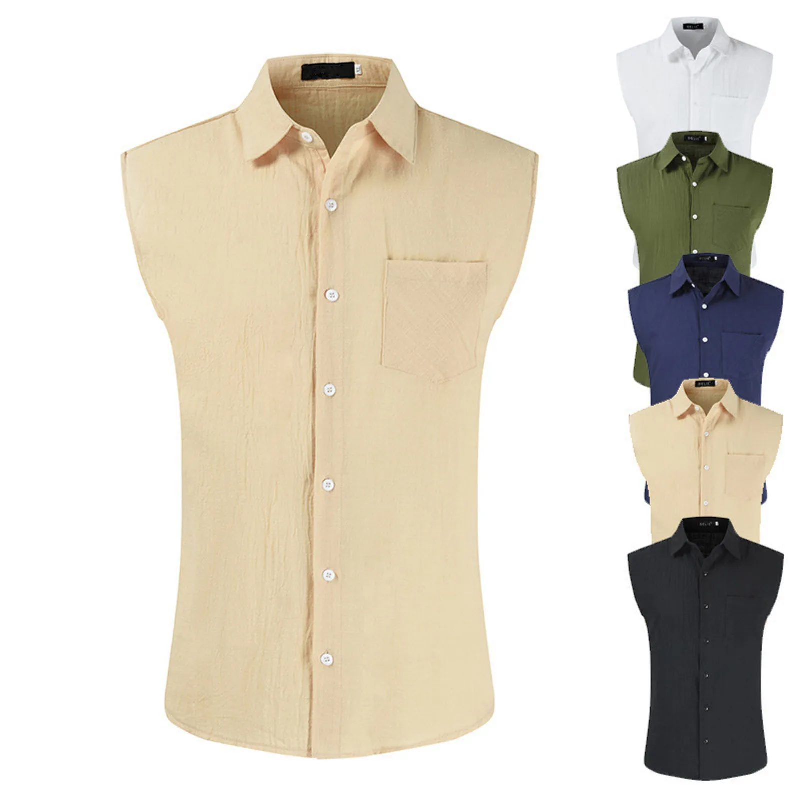 Camisas sem mangas masculinas com bolsos no peito, linho de algodão, camisas com lapela, confortável diariamente, regatas com tudo, moda casual, verão