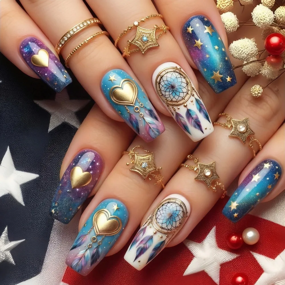 

24Pcs Long Ballet Nails Set Press on Bohemia 3D Gilded Heart Star Fake Nails Dreamcatcher Reusable Full Cover False Nails Tips