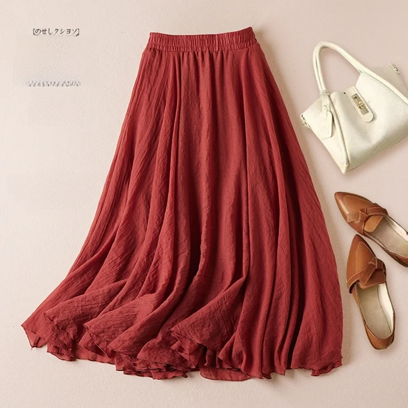 

Loose Cotton Linen A-Line Skirt Spring Summer New Sle Wide Hem Midi Skirt Women's l Waist Simple Sle Maxi Skirt