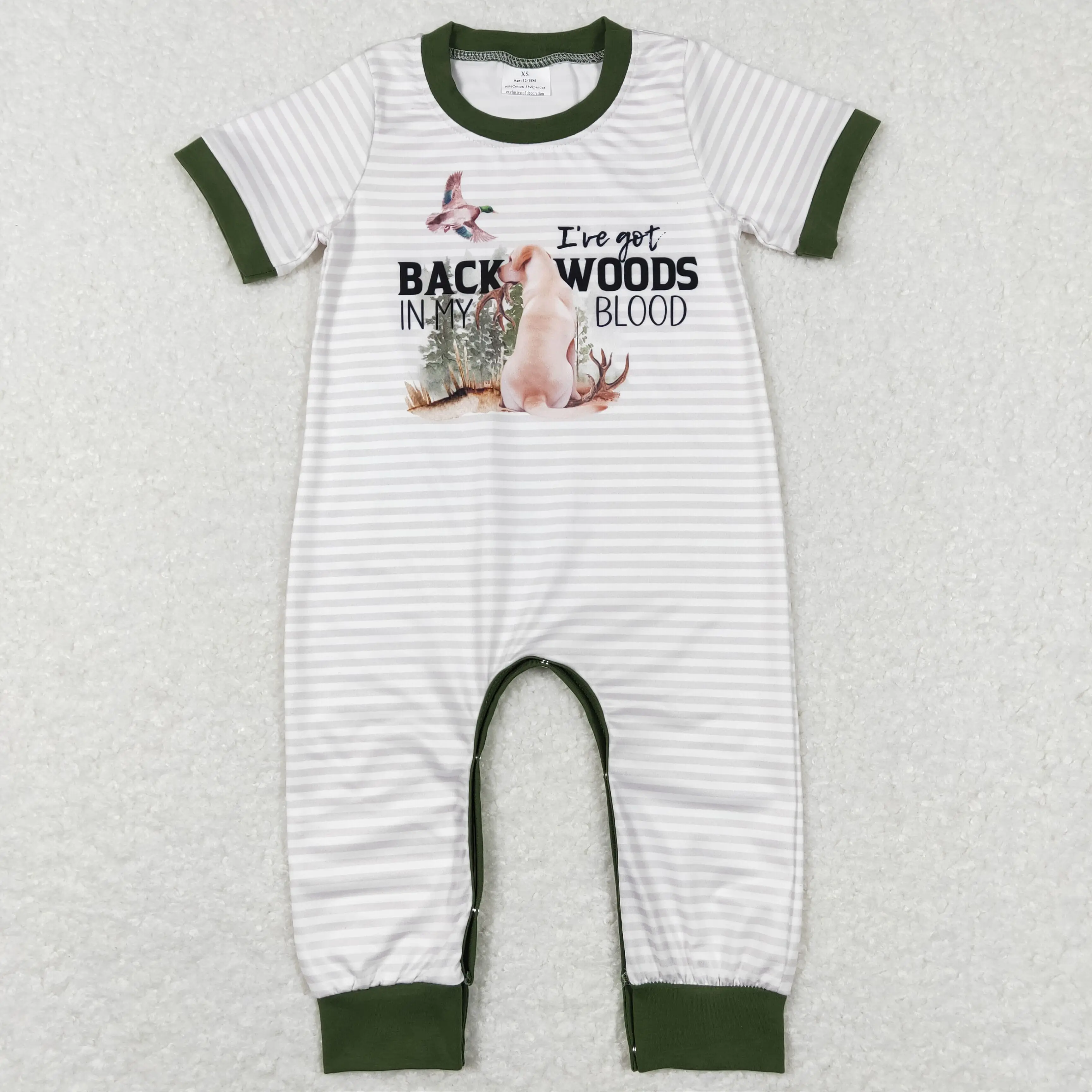 

Wholesale hot sale baby kids clothes newborn toddler Duck puppy striped green border short-sleeved onesie rompers