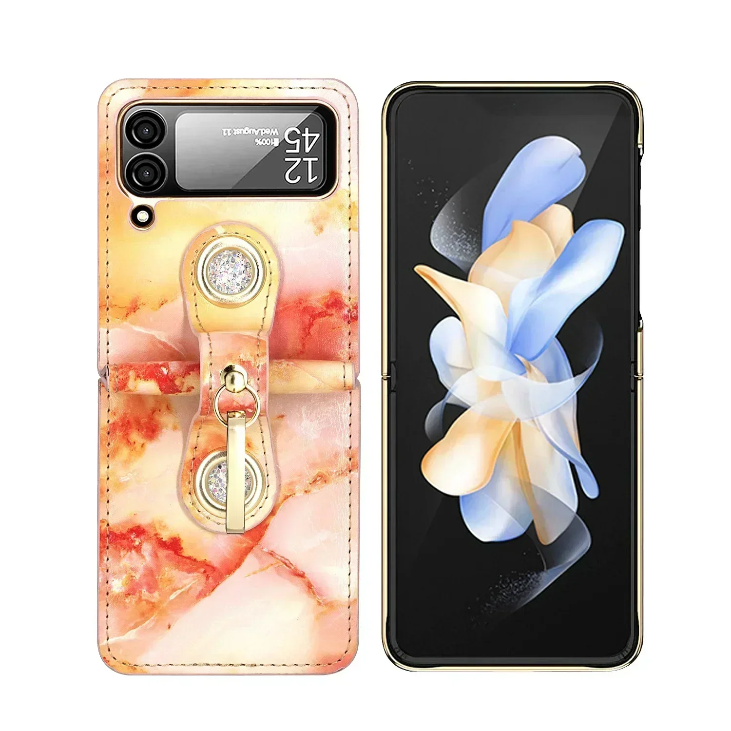 For Samsung Galaxy Z Flip 5 4 3 Phone Case Luxury PU Leather Iridescent Cloud Marble Plating Leather Ring Bracket Phone Cover