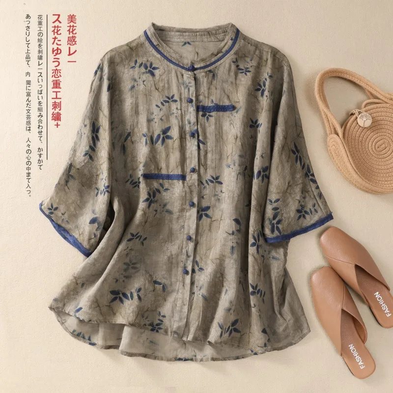 Chinese Style Women\'s Shirt Summer Cotton Linen Vintage Blouses Prints Clothing Loose Short Sleeve Women Tops