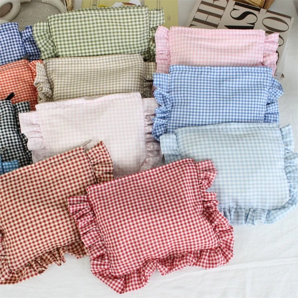 Durable Ruffle Plaid Makeup Bag Large Capacity Portable Cosmetic Pouch Zipper Handbag Home&Travel