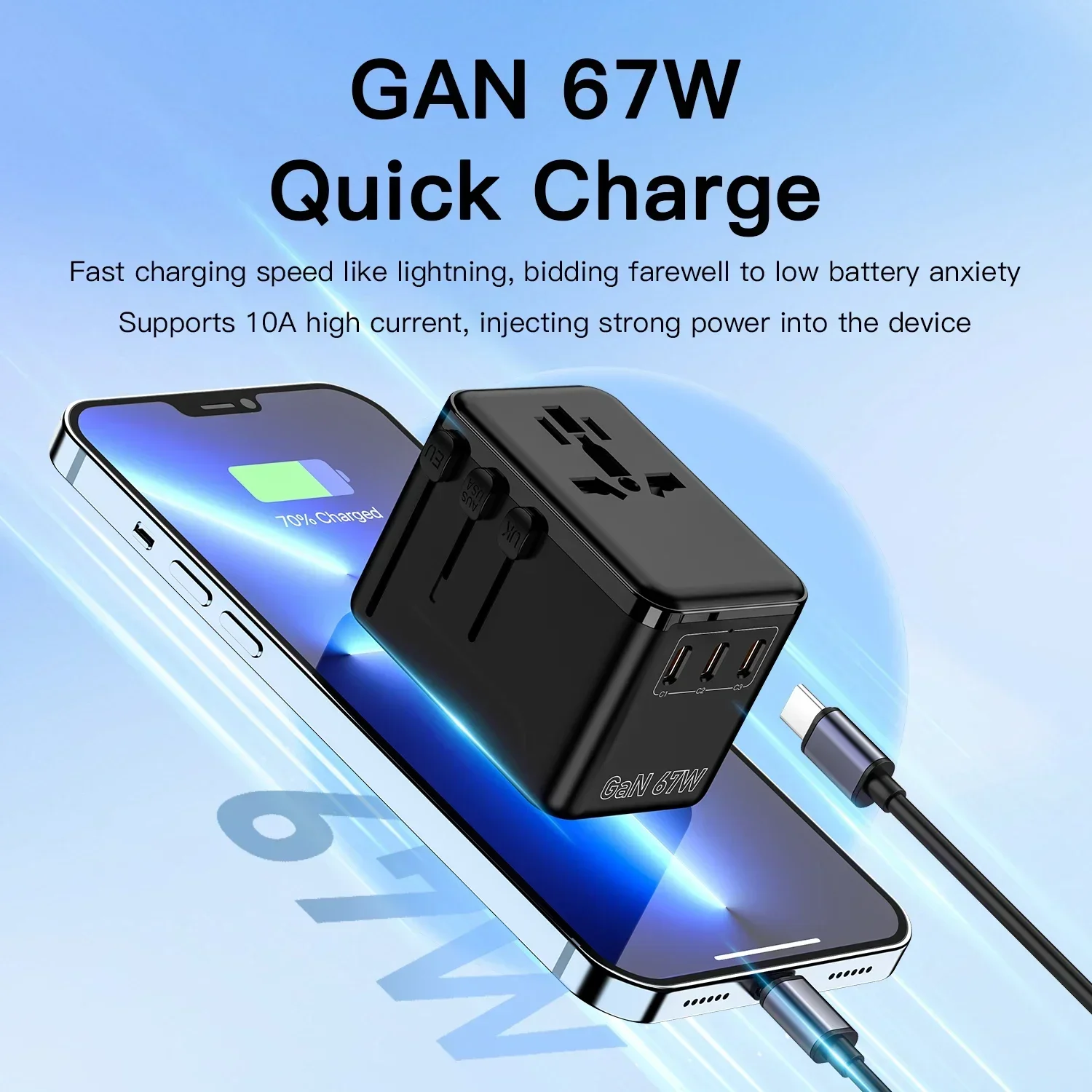 GaN 67W International Power Adapter with 3 USB C and 1 USB A, All in One Travel Essentials for UK/EU/USA/AUS/THA,Black