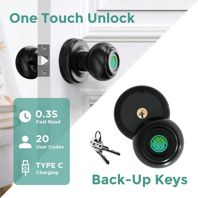 Fingerprint Door Lock Smart Door Knob,Tuya Door Lock  Great For Bedrooms, Apartments Offices, Hotels With App Control 1Set