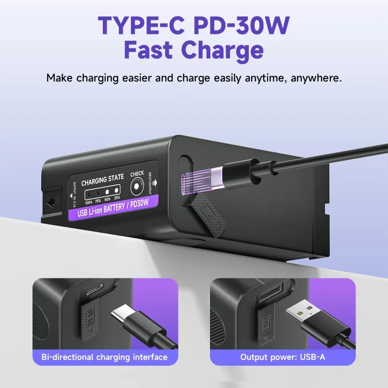 7.2V 11800mAh NP-F990 Type-C Camera Battery for Sony F970 F960 F550 F750 Supports PD30W Fast Charging with LED Power Indicator