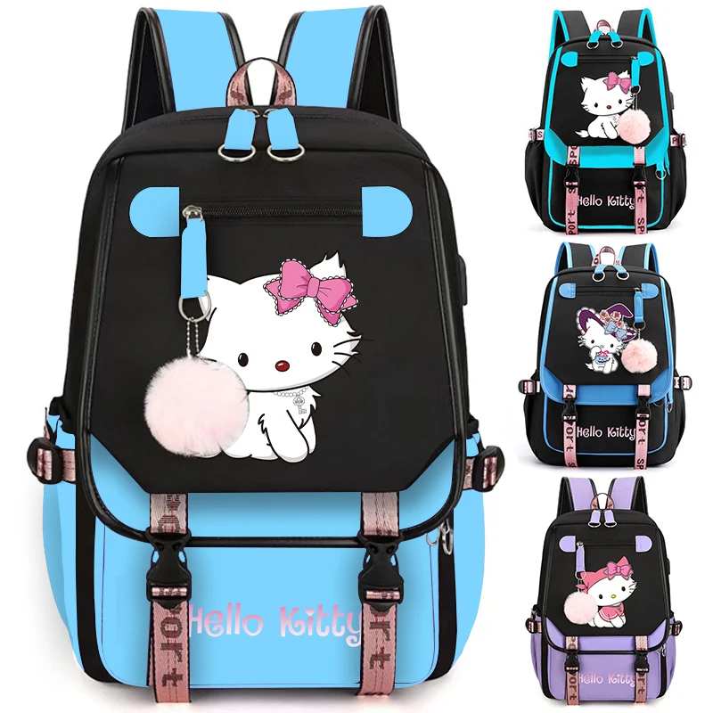 Anime Hello Kitty Backpack for Teenager Student Usb Laptop Travel Backpack Women Kawayi Rucksack Kid Canvas Schoolbag Mochilas