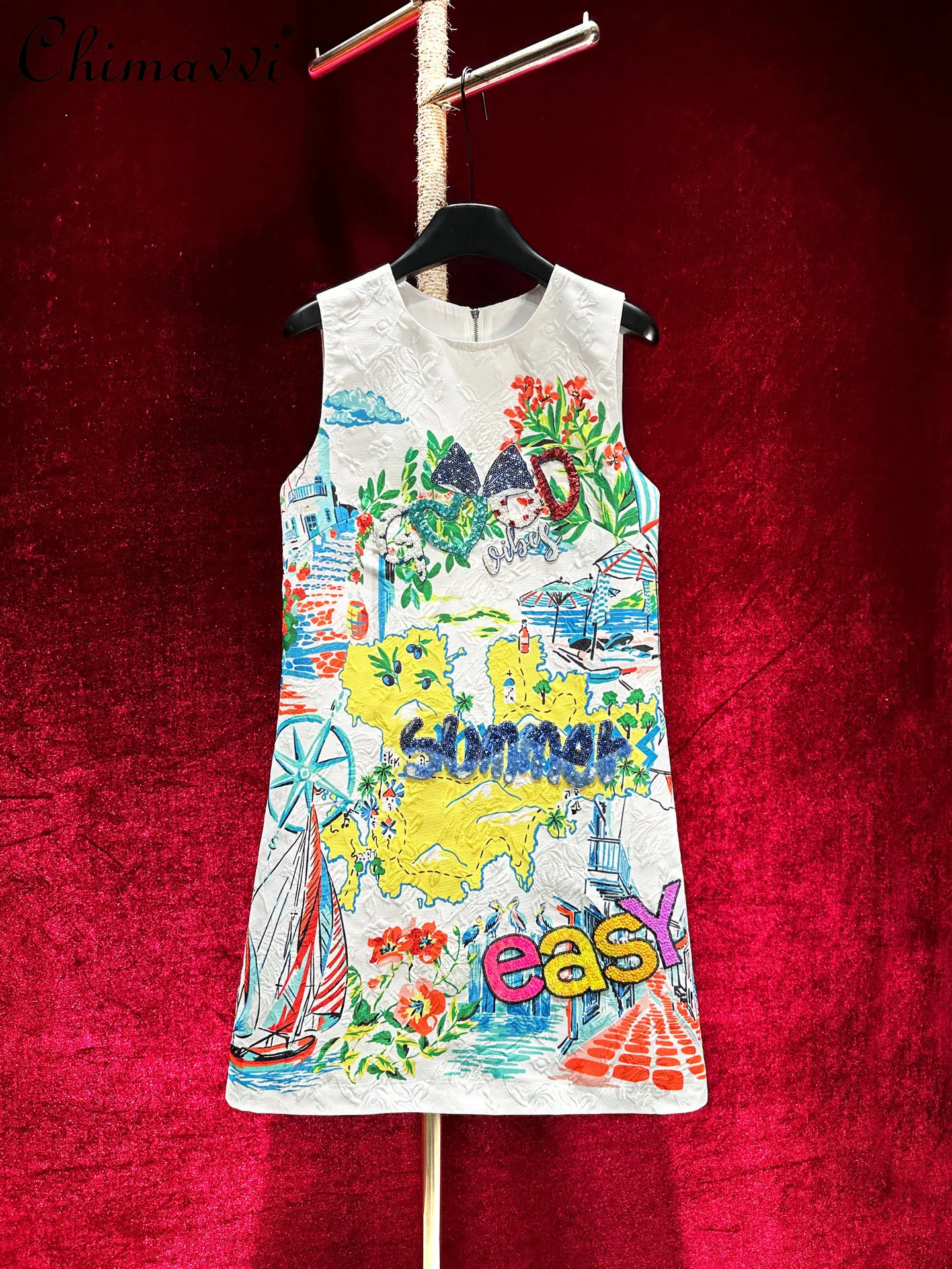 

Spring Summer Vintage Print Heavily Sequin Embroidered Letter A-line Dress Fashion Round Neck Sleeveless Elegant Women's Dress