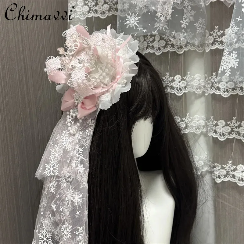 

Original Lolita Hair Accessories 2026 New Sweet Girl Pink Crown Mini Top Hat Cute Bow Lace Veil Accessories Headwear