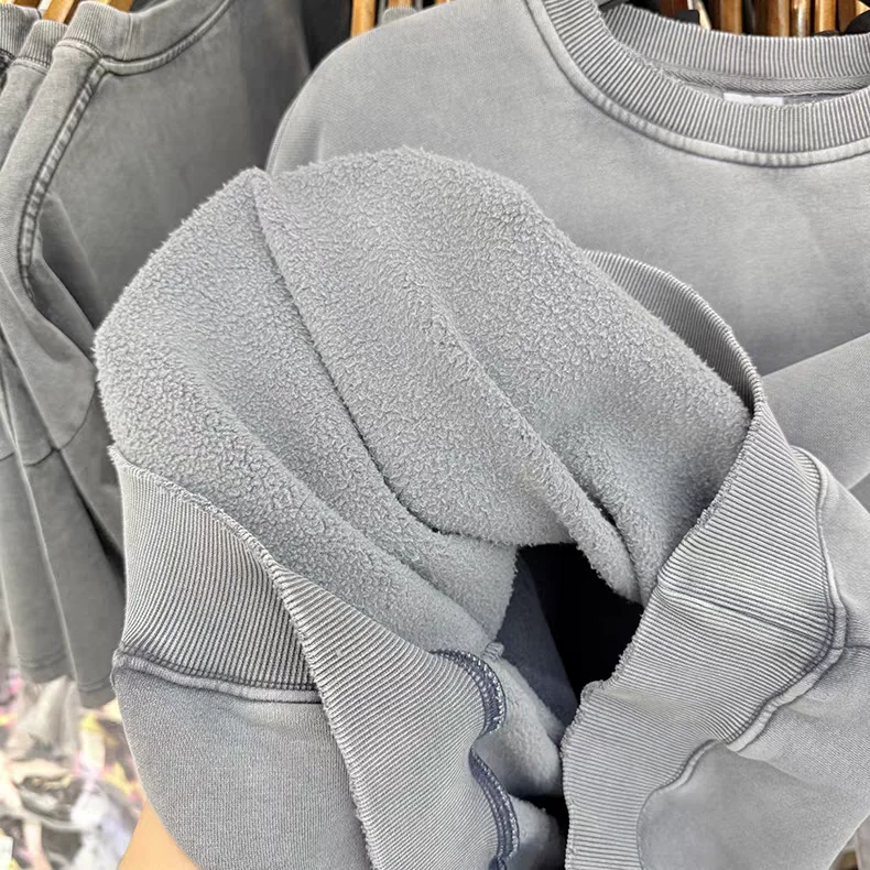 لطيفة غسلها التطريز الصلبة Crewneck الرجال النساء المتضخم النسيج الثقيل للجنسين بلوزات