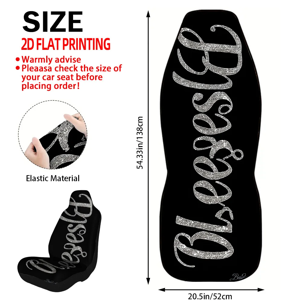 Stylish Blessed Word Art Design 2pcs Car Seat Covers, Universal Fit Front Seat Protectors For Everyday Driving, Compatible With