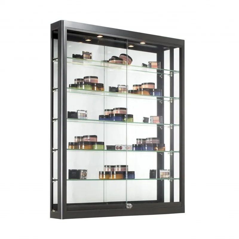 

custom.KEWAY 3*4' Glass Wall Cabinets with LED Lights Design Adjustable Shelves Sliding Door - Black Display Showcase