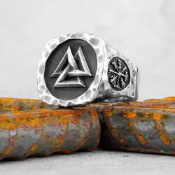 Vintage Nordic Valknut Ring Stainless Steel Viking Celtic Knot Ring For Men Norse Compass Road Sign Amulet Jewelry Dropshipping