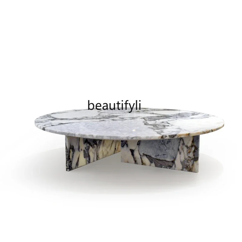 Minimalist design natural elephant white marble coffee table, light luxury round living room combination coffee table side table