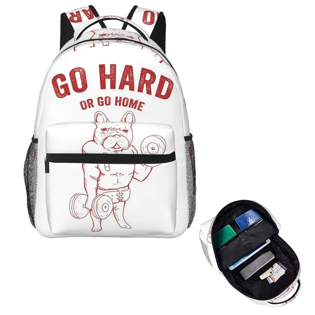 Go Hard Or Go Home Muscle French Bulldog Dog Student Backpack School Bag Hiking Daypack for Men Women Bookbag Shoulder Bags
