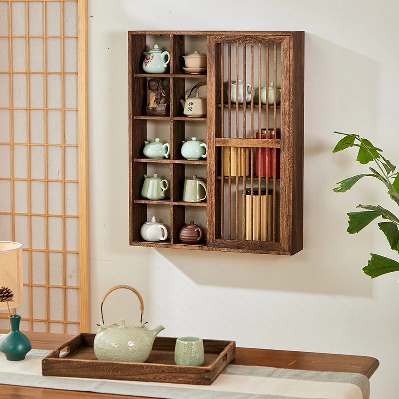 Solid Wood Chinese Style Wall-Mounted Tea Set Display Shelf Multi-layer Organizer for Teapot & Tableware Grid Storage Rack