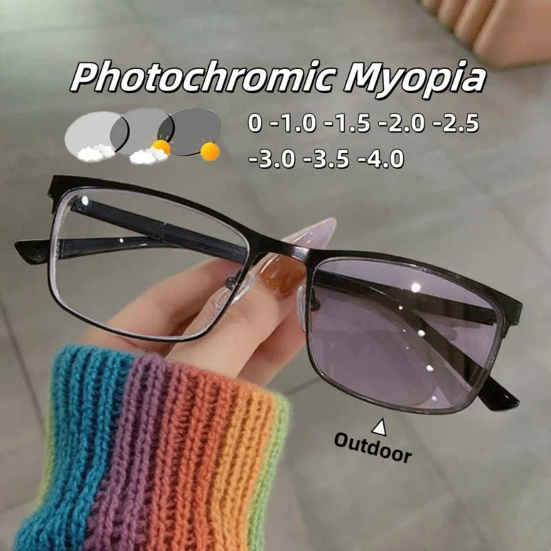 

New Minimalist Photochromic Myopia Glasses Men's Business Metal Frame Glasses Blue Light Blocking Eye Protection Diopter To -4.0
