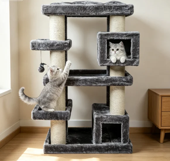 Large Multi-Level Cat Activity Tower with Double Condos Sisal Scratching Posts Hanging Ball Toy Indoor Pet Cat Furniture