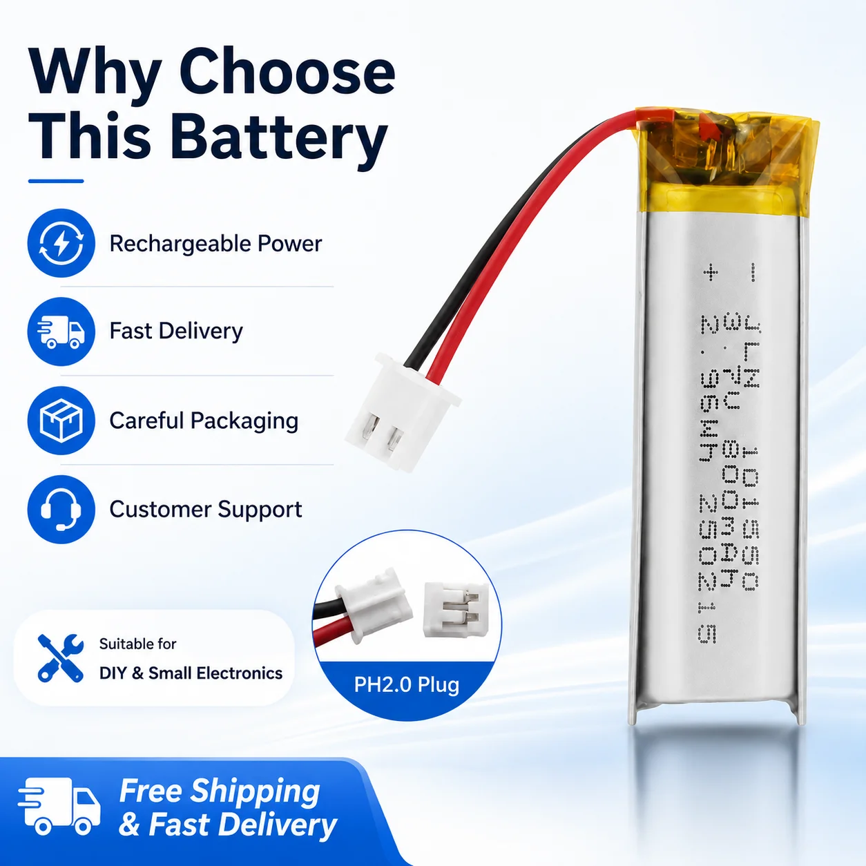 3.7V 800mAh Rechargeable Li-Po Battery 101550 with PH2.0 Connector for LED Lights Toys Audio Devices Replacement Battery - view 6