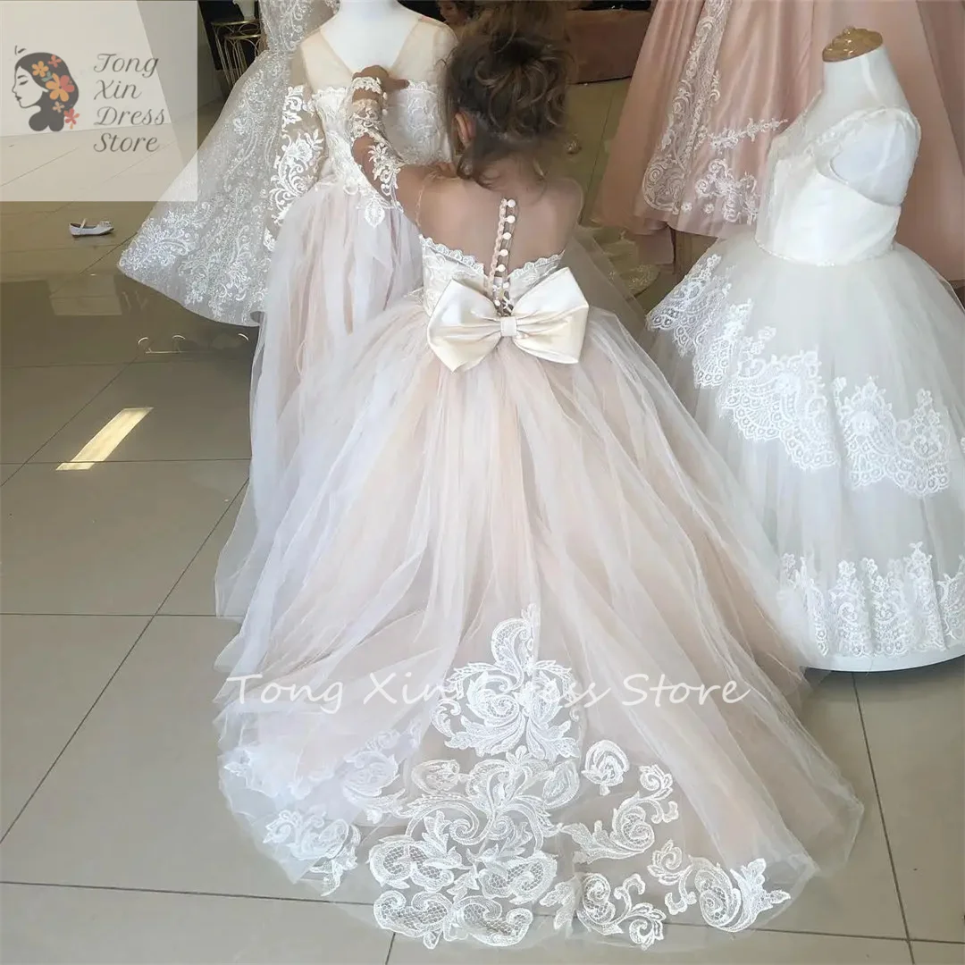 

Long Sleeve Flower Girl Dresses For Wedding Guest Kids Bridesmaid With Bow White Ivory Lace Tulle First Communion