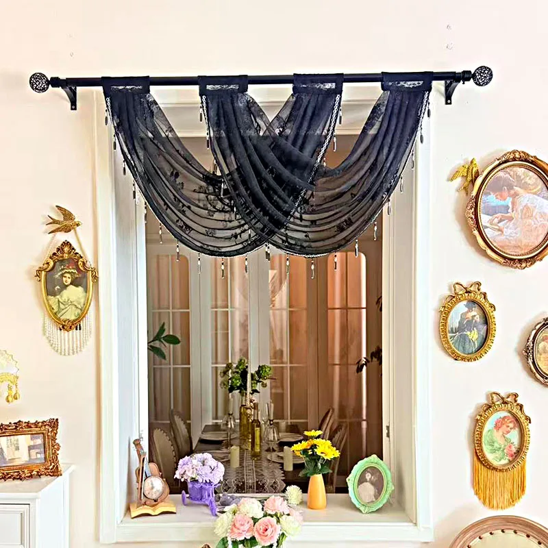 1PC Gothic Luxury Black Single Layer Hollow Mirror Floral Lace Waterfall Swag Valance with Crystal Bead Tassels