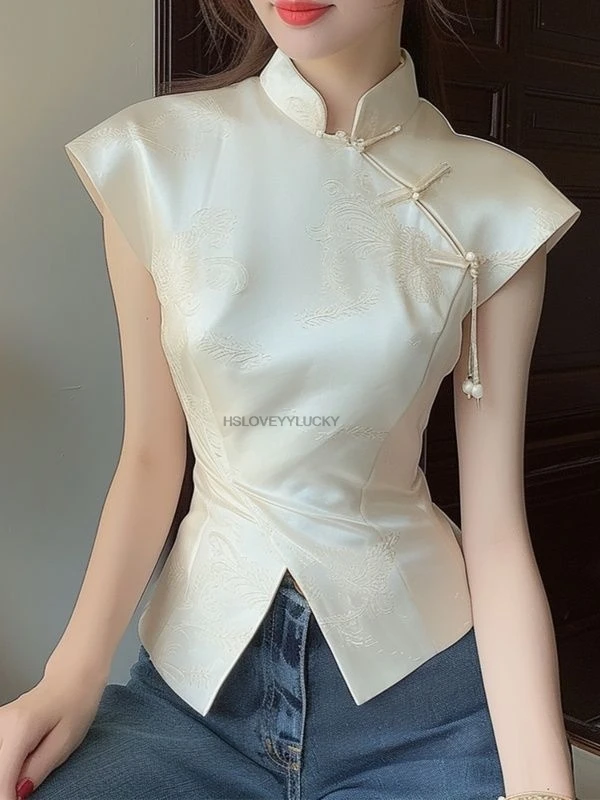 

Китайский модный дизайн, нерегулярный топ Ципао, однотонный жаккардовый топ на пуговицах в китайском этническом стиле, элегантная женская вечерние блузка