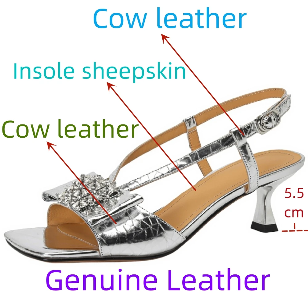 【JOCHEBED HU】Women\'s Brand Genuine Leather Sexy Metal Decoration Nightclub Sandals Square Head Fish Mouth Banquet Shoes 34-40