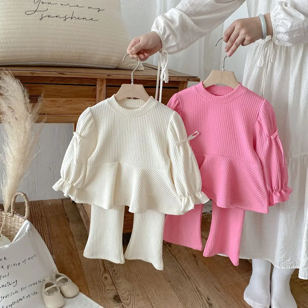 

2026 Autumn New Children Long Sleeve Clothes Set Girls Cute Bow Loose Tops + Flared Trousers 2pcs Suit Cotton Kids Girls Outfits