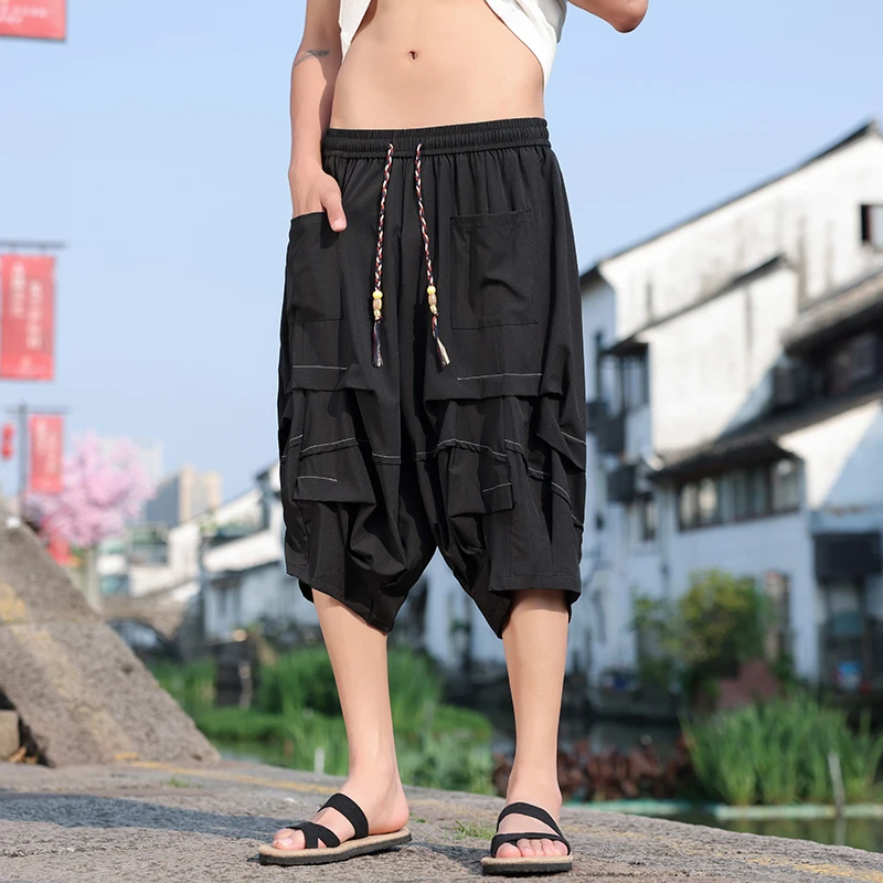 Japanese Samurai Shorts Mens Summer Ice Silk Thin Large Pocket Harem Wide Leg Pants Men\'s Haori Loose Hip Hop Trousers Plus Size