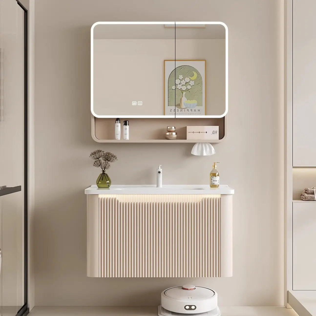 Thickened honeycomb aluminum bathroom cabinet combination ceramic integrated basin small apartment cream wind toilet washbasin w