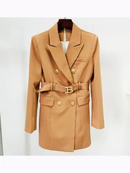 HIGH STREET New Fashion 2024 Designer Women's Long Sleeve Notched Collar Lion Buttons Double Breasted Belted Blazer Dress