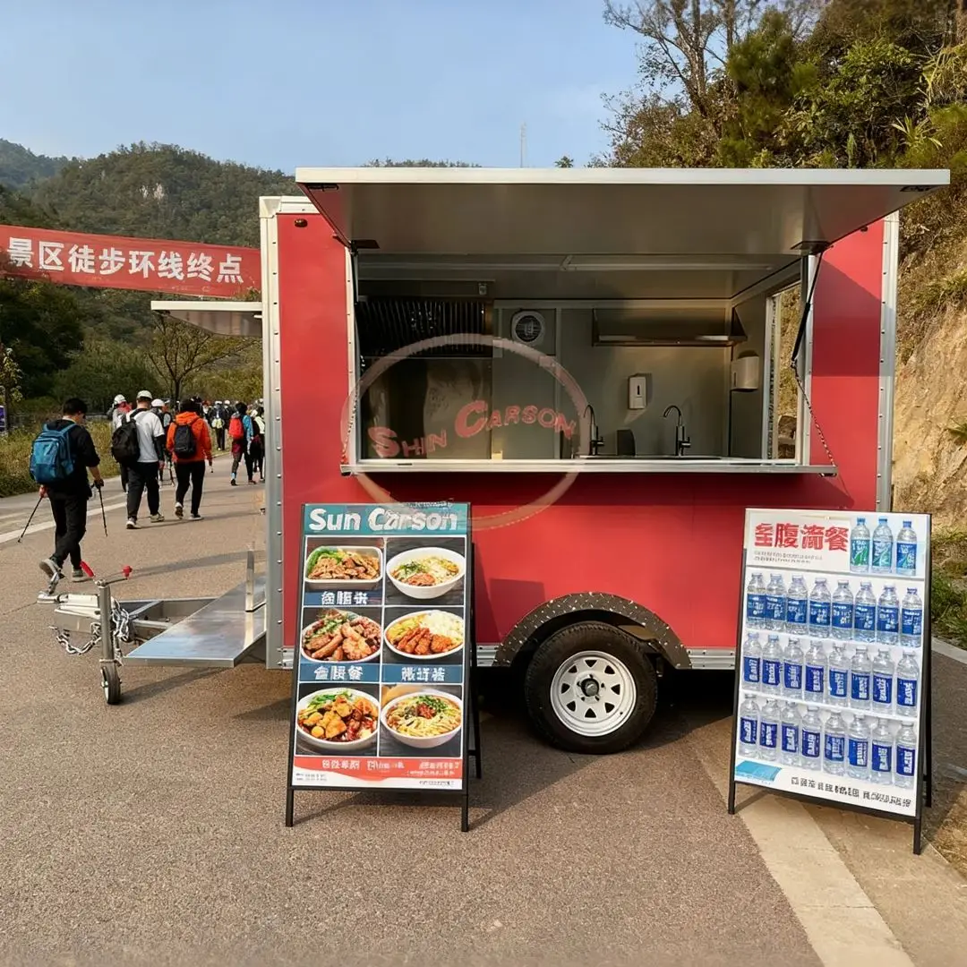 مقطورة طعام متنقلة من الألياف الزجاجية مصنوعة من الفولاذ المقاوم للصدأ، شاحنة تقديم الطعام مجهزة بالكامل لشركة الامتياز