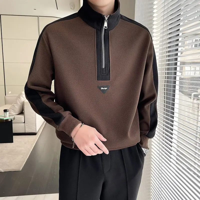 Autumn and Winter Men's New Half High Neck Zipper Sweater Spliced Long Sleeve Waffle Casual Comfortable Versatile Shirt