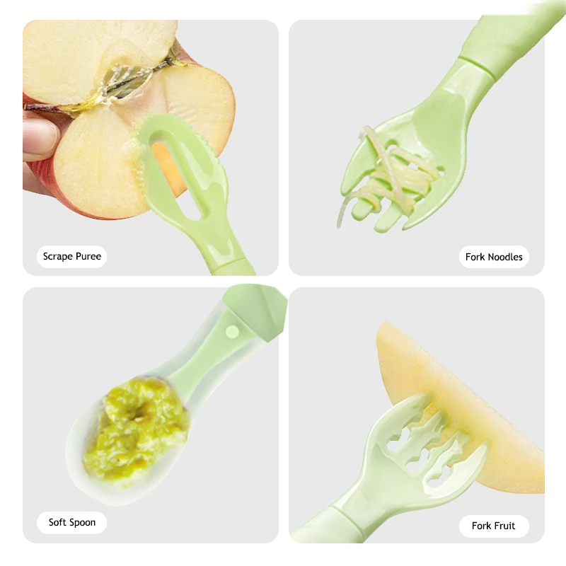 1 قطعة ملعقة الطفل متعددة الوظائف 4 في 1 المكملات الغذائية ملعقة شوكة مجموعة سيليكون PP كشط الفاكهة هريس تقشير شوكة المعكرونة الفاكهة
