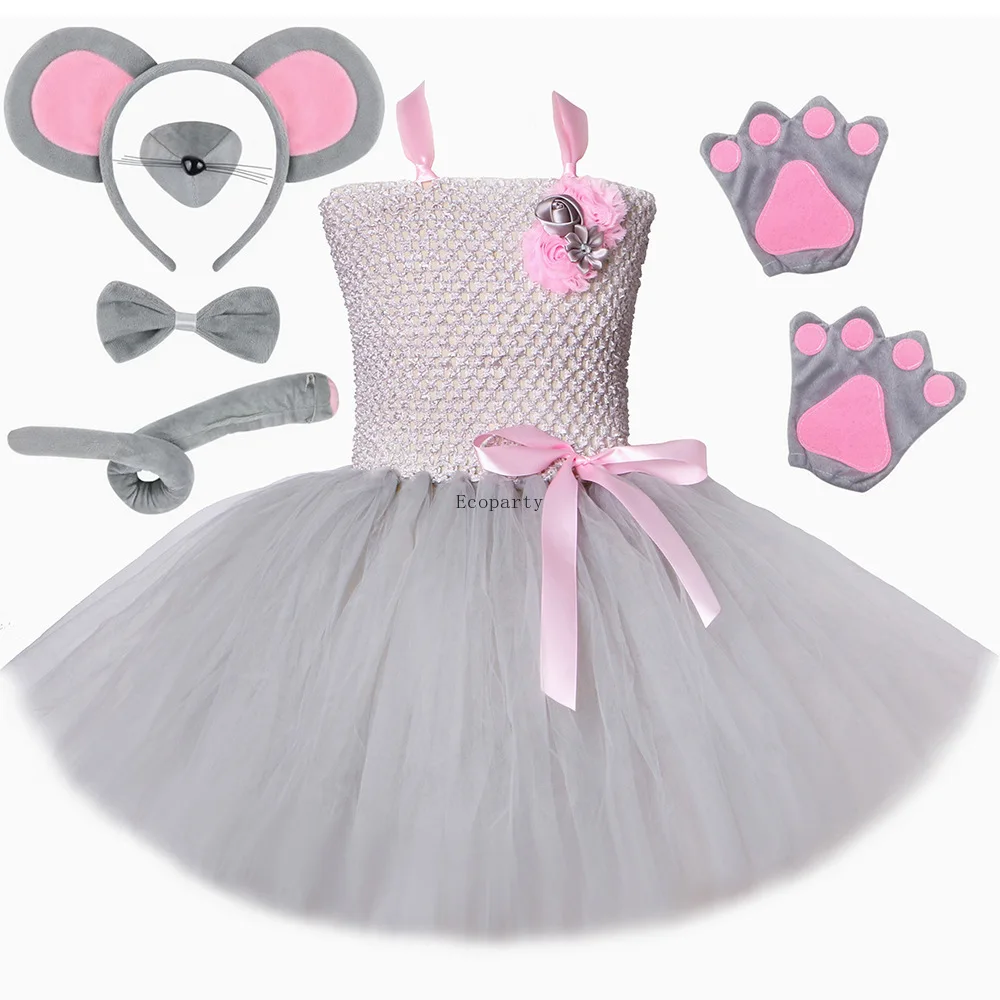 Graues Maus-Ratten-Kostüm für Kinder, Tutu-Kleid mit Ohren, Schwanz, Fliege, Nase, Tiermäuse, Kostüme für Mädchen, Halloween-Geburtstagsparty-Kleid