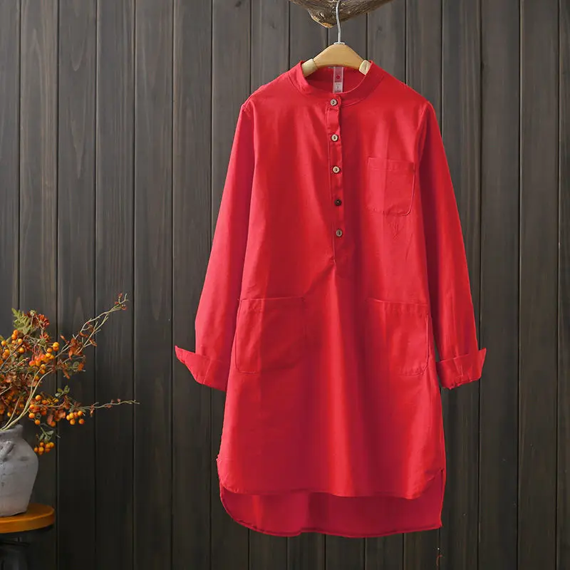 Cotton Shirts Womens 2022 Autumn Fall Stand Collar Loose Linen Blouse Female Front Pockets Solid Color Long Sleeve Tops Women
