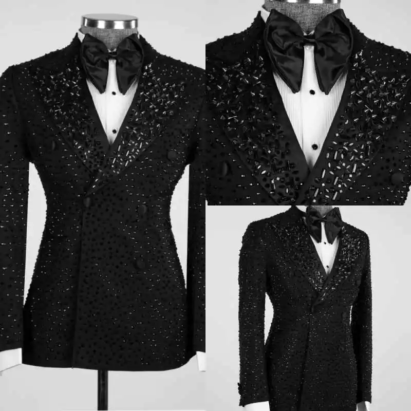 

Amazing Mens Suits 2 Pieces Blazers Pant Peaked Lapel Double Breasted Beading Formal Business Occasion Party Wear Customized