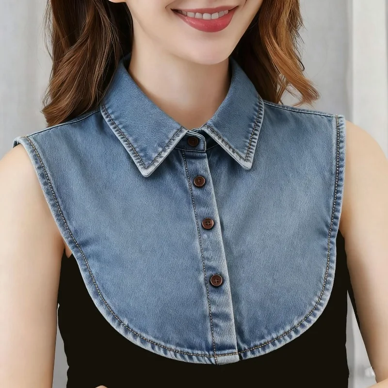 

Denim Fake Collar Detachable Shirt Collar for Women Dark Light Blue Sweaters Blouses