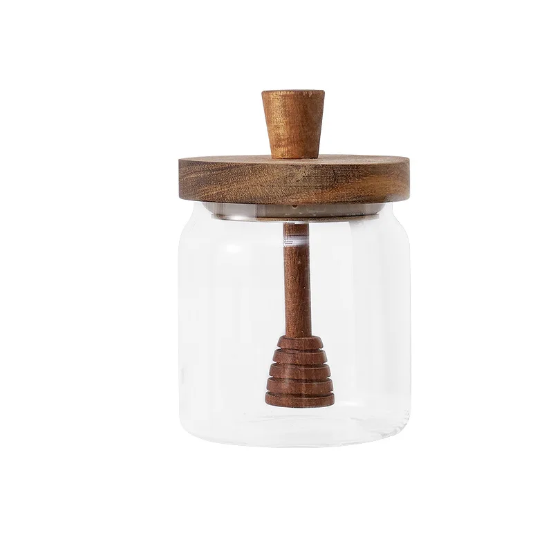 Honey Syrup Glass Container Honey Jar Pot Glass Holder Dispenser with Wooden Dipper Stick And Lid Cover for Home Kitchen