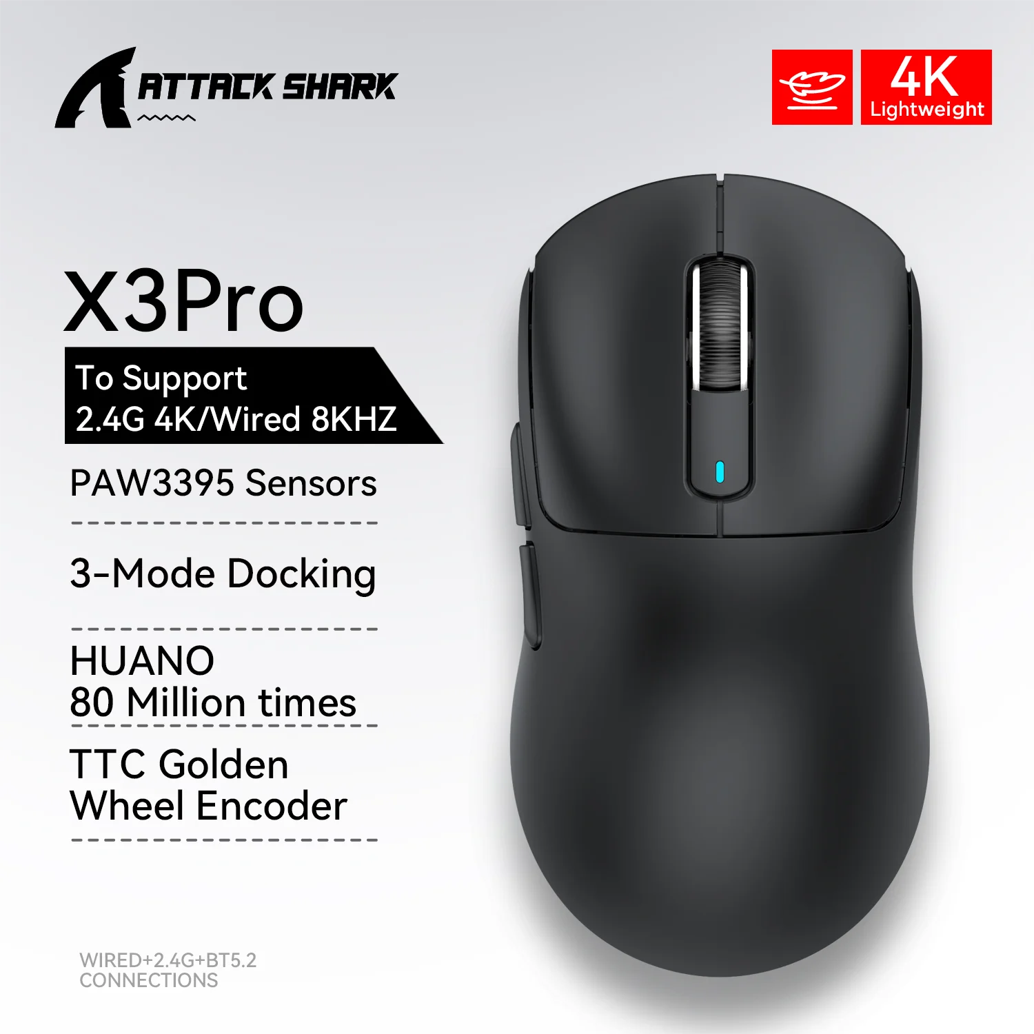 Attack Shark X3-ratón ligero Pixart 3395 para videojuegos, inalámbrico, 2,4g, Bluetooth, para ordenador portátil