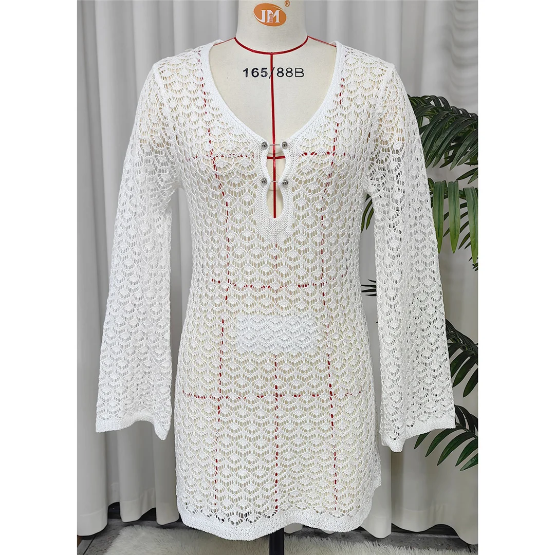 S - XL Langarm-Tunika mit Ausschnitten, gehäkelt, Strick, Strandkleid, Strandmode, Damen V8335 – Detail 20