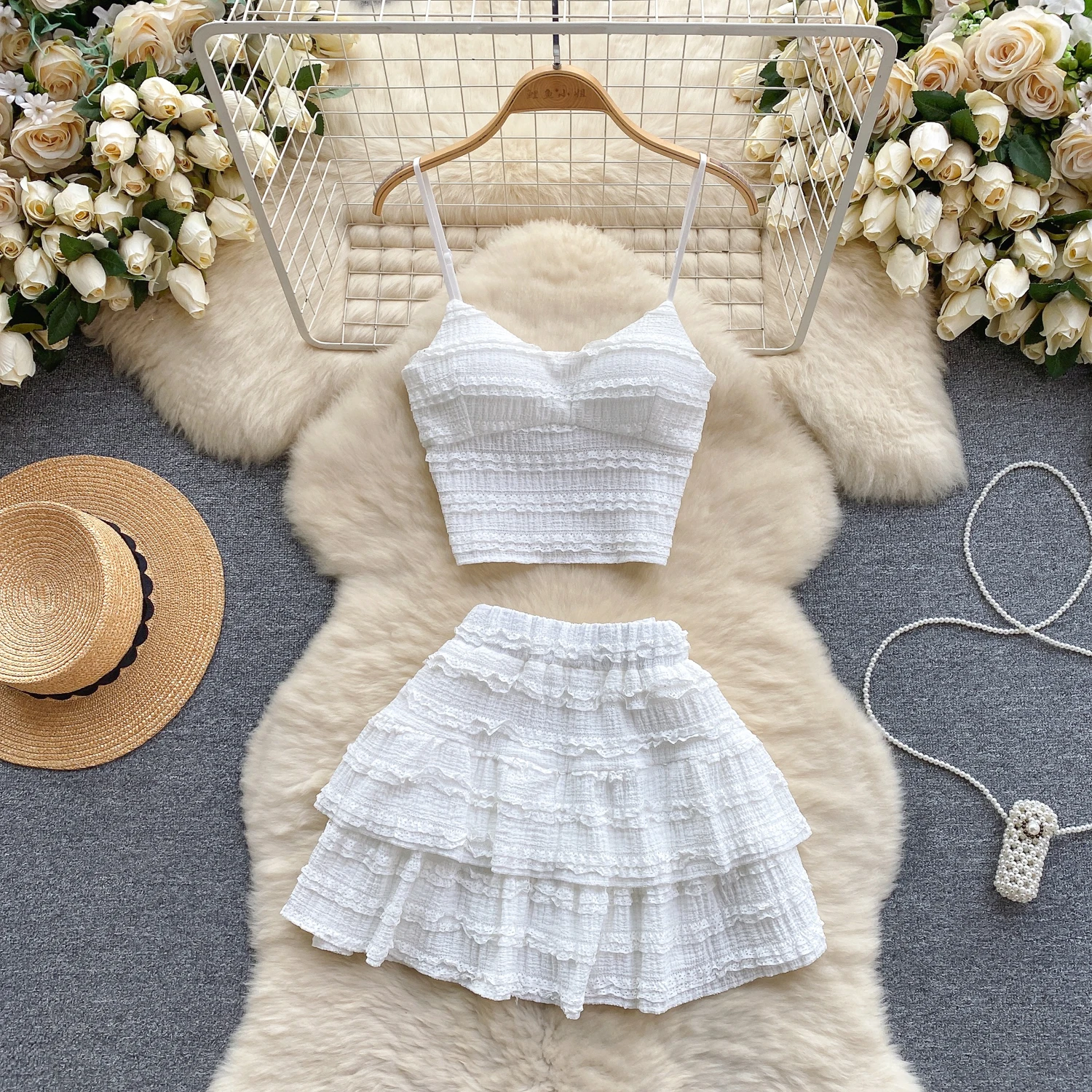 

Sexy summer sweet Two Pieces Sets Chic Off Shoulder lace Slip Crop Top with High Waist ruffle Mini Skirt Vacation Sets